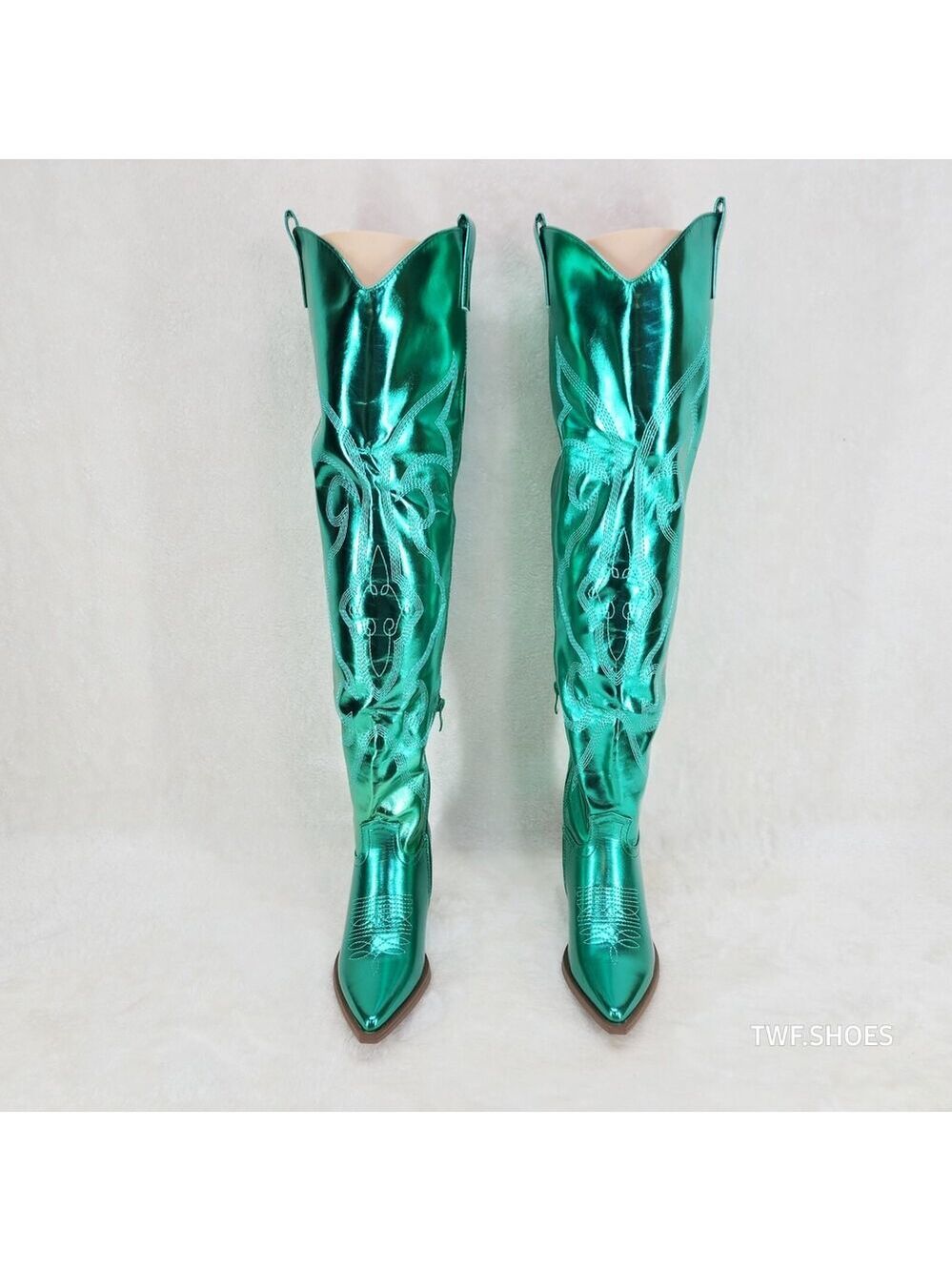 NIB Country Disco Cowboy Metallic Green Western Cowgirl OTK Thigh Boots - Picture 14 of 16